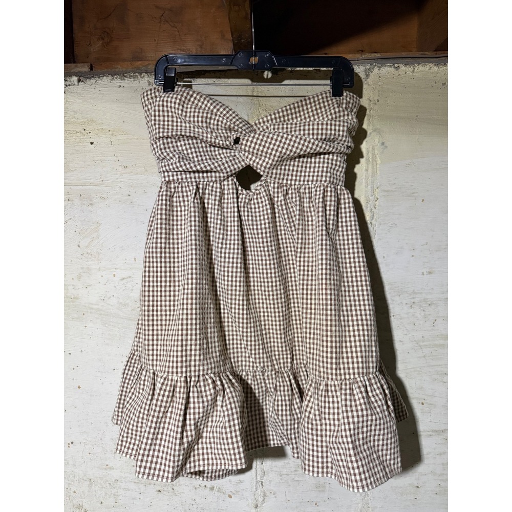 Creamon Brown Gingham Strapless Romper Dress Twist Front Ruffle Hem NWT Large